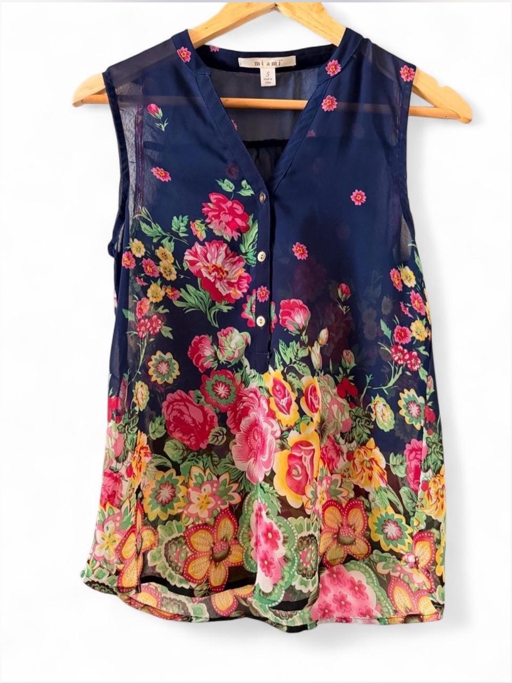miami Navy Floral Sheer Button-Front Sleeveless Camisole